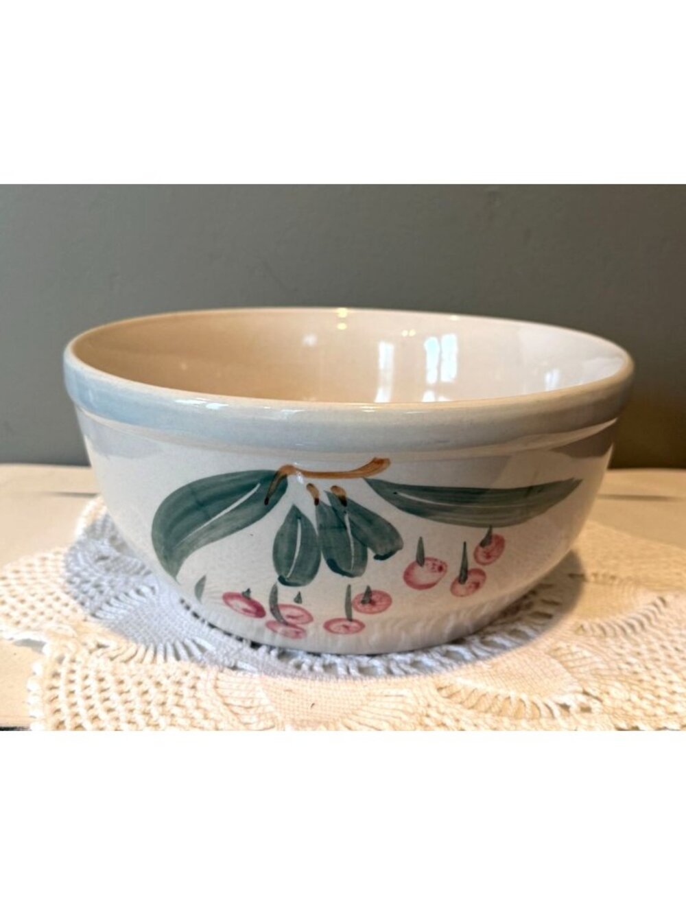 Vintage AAA Imports Stoneware Mixing Bowl Hand Painted Cherry Farmhouse Serving